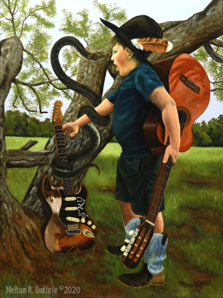 Temptation - This Time The Serpent Brought A Guitar - 30x40 Oil on Canvas, Framed